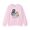 Light pink crewneck sweatshirt with cartoon graphic of two men and a pug dog
