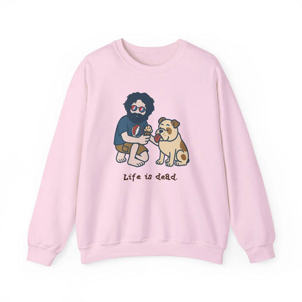 Light pink crewneck sweatshirt with cartoon graphic of two men and a pug dog