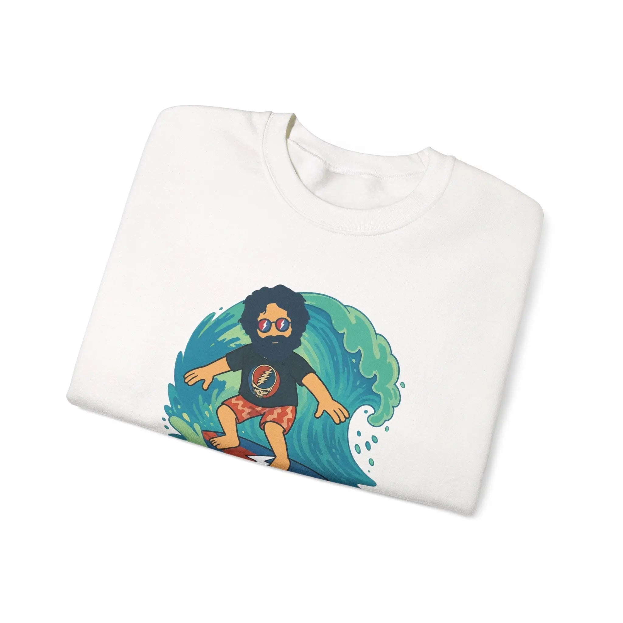 White crewneck sweatshirt with surfing character graphic and Life is dead. text