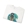 White crewneck sweatshirt with surfing character graphic and Life is dead. text