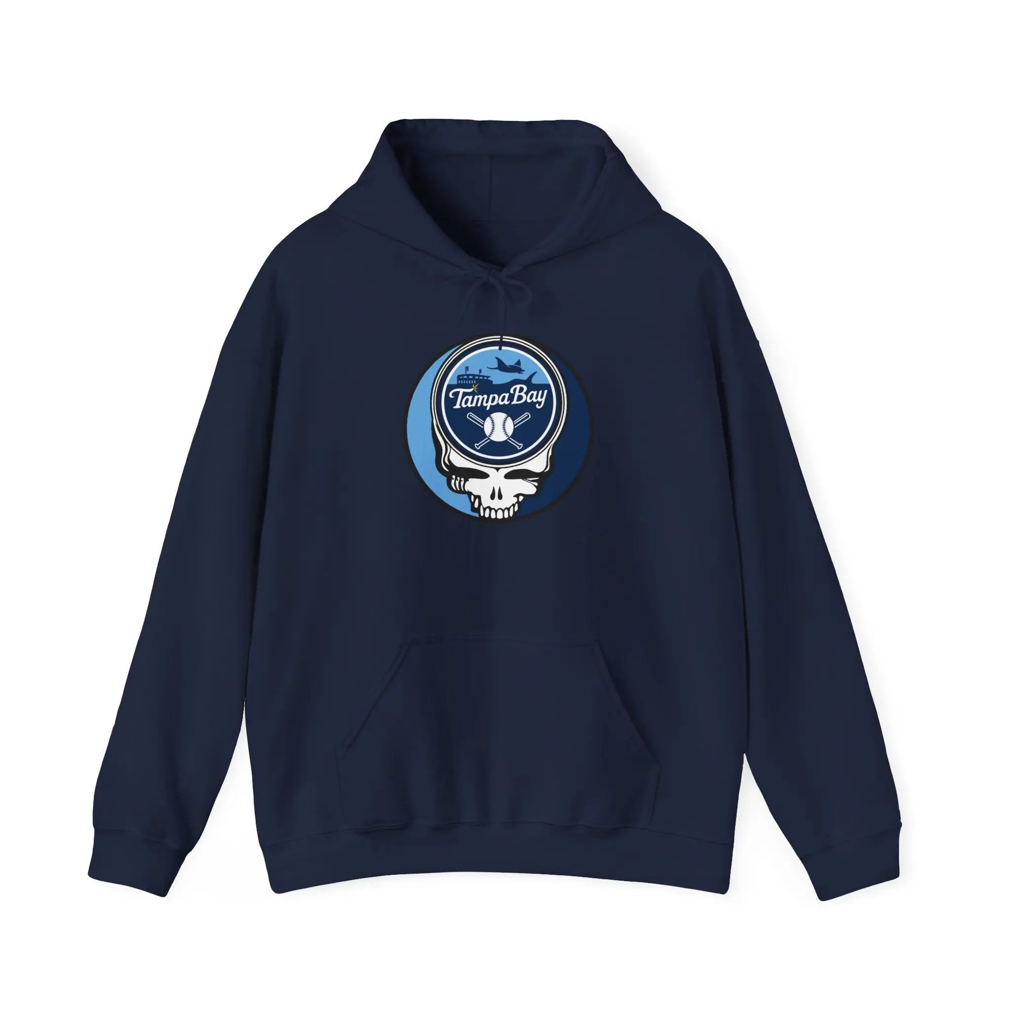 Navy pullover hoodie with front pouch, drawstring hood, and Tampa Bay Rays logo