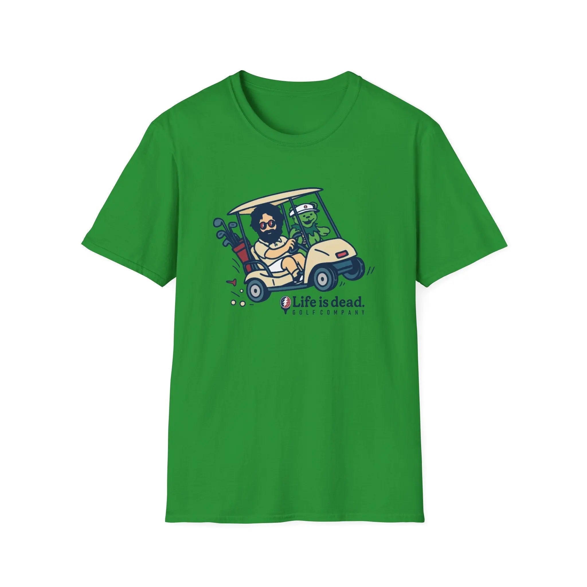 Bright green graphic T-shirt with colorful cartoon truck and character front print