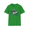 Bright green graphic T-shirt with colorful cartoon truck and character front print