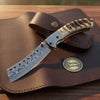 Ram Horn Cleaver Folding Knife with Twist Pattern Blade & Leather Pouch