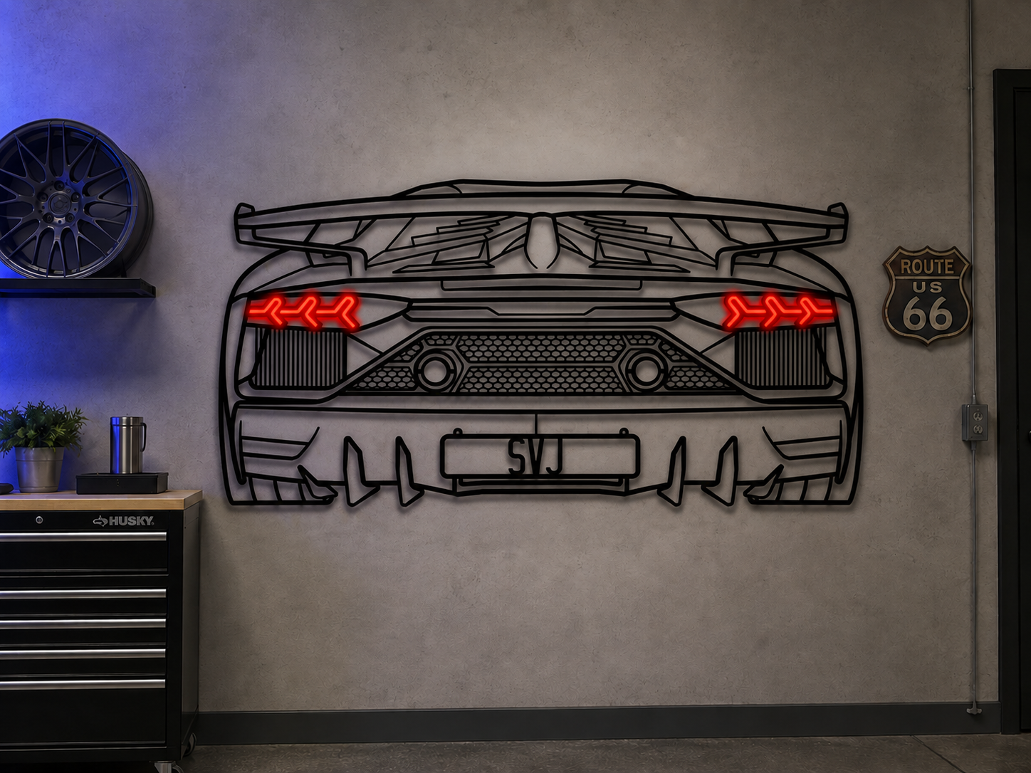Metal neon car wall art with red LED headlight shapes and central SVJ license plate