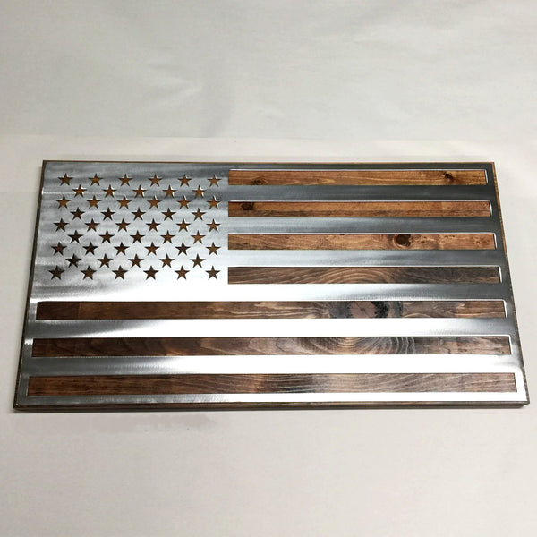 3 Foot - Metal American Flag on Dark Wood