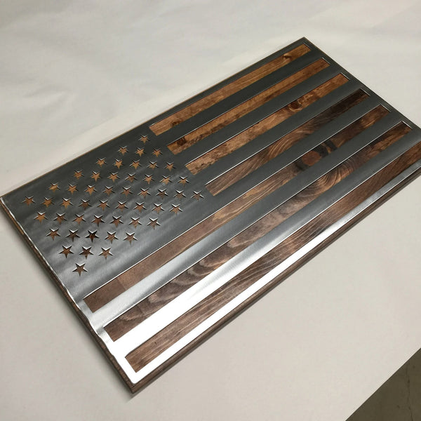3 Foot - Metal American Flag on Dark Wood For the Man Cave McCurdy Woodworking