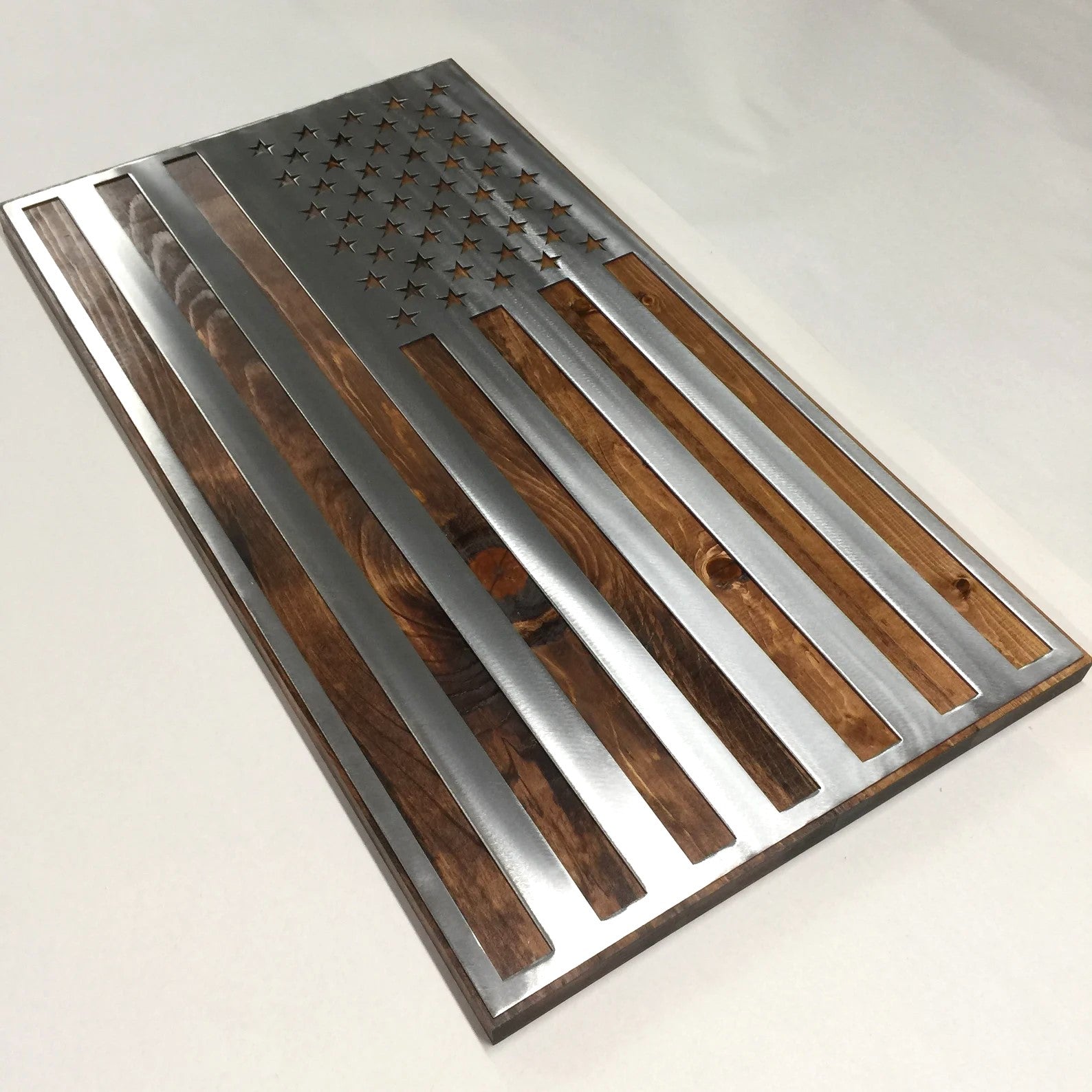 3 Foot - Metal American Flag on Dark Wood For the Man Cave McCurdy Woodworking