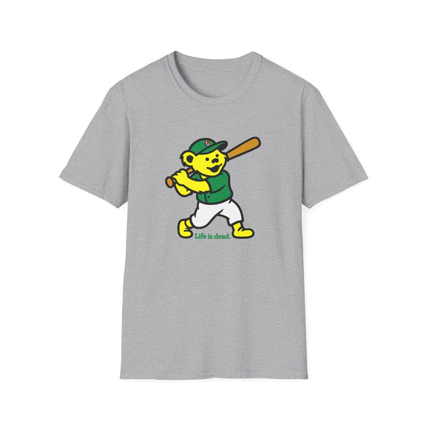 Light grey T-shirt with dancing bear graphic and text "Life is dead" on front