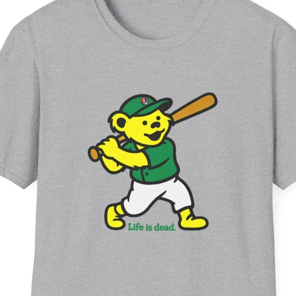 Charcoal T-shirt with dancing bear graphic and text "Life is dead" on front