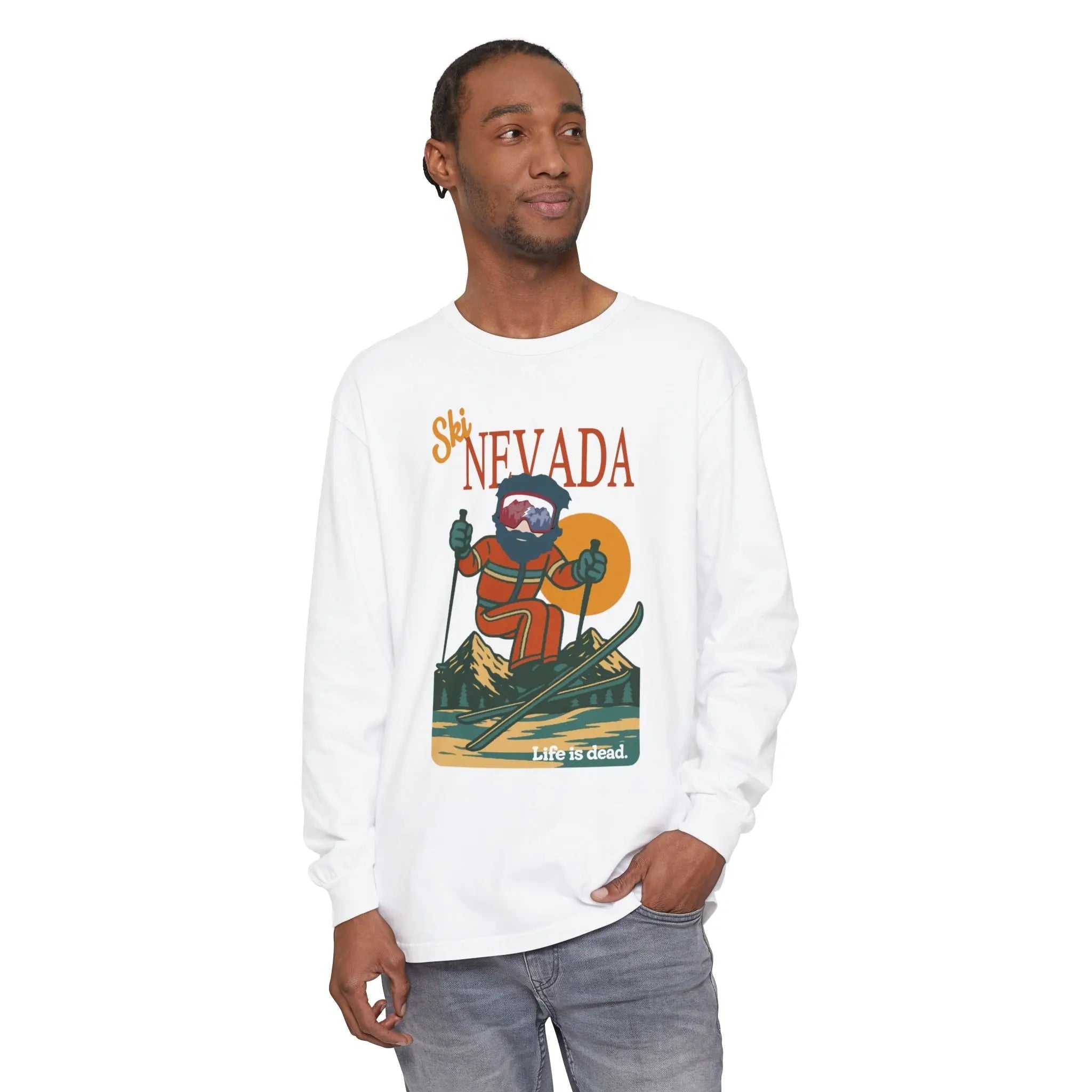 White long-sleeve T-shirt with Nevada graphic on front
