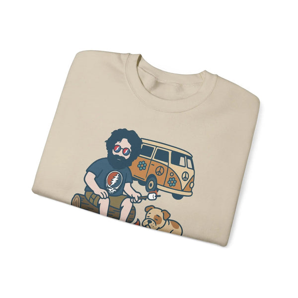 Unisex light sand camping sweatshirt, crewneck, with camper and dog graphic front