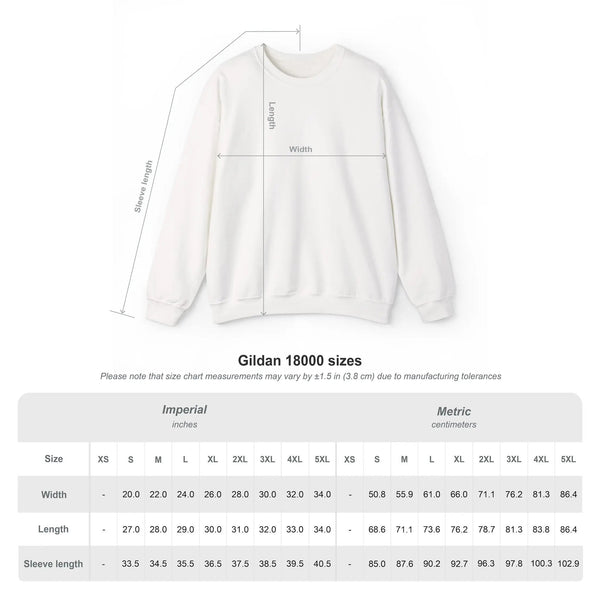 White crewneck sweatshirt size chart with front measurement diagram