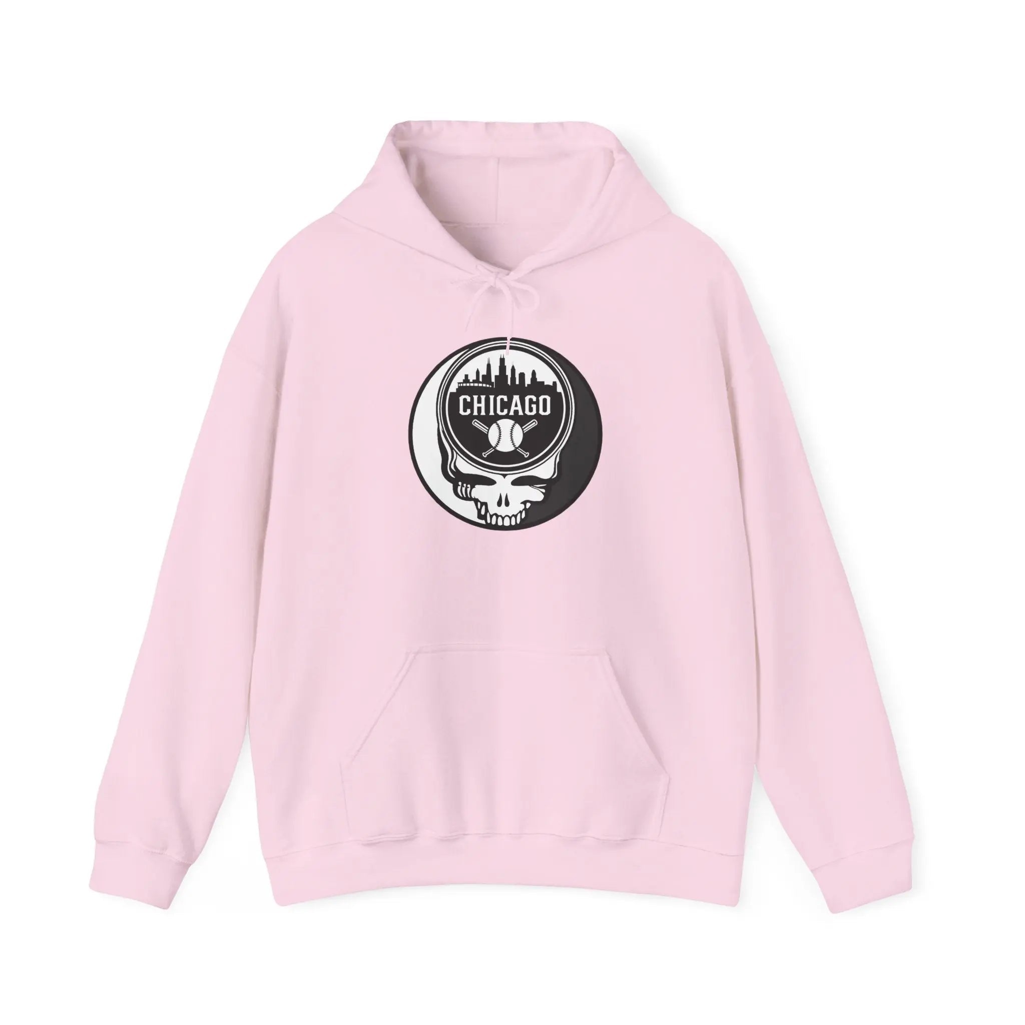 Light pink hoodie with drawstring hood, front pouch pocket, and circular Chicago Stealie logo