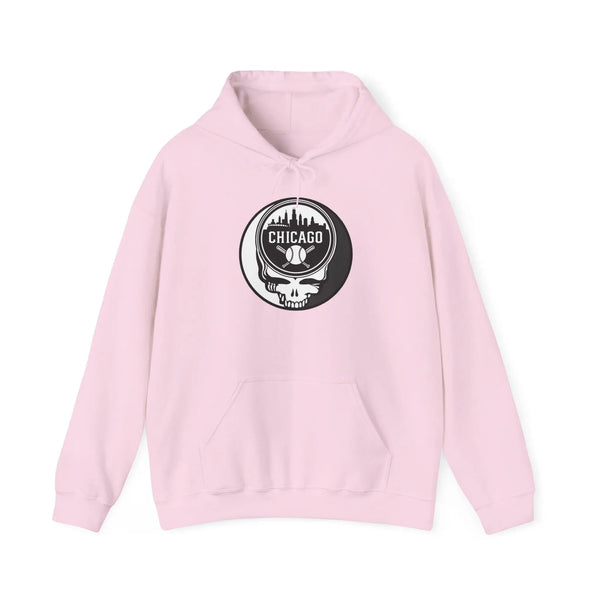 Light pink hoodie with drawstring hood, front pouch pocket, and circular Chicago Stealie logo