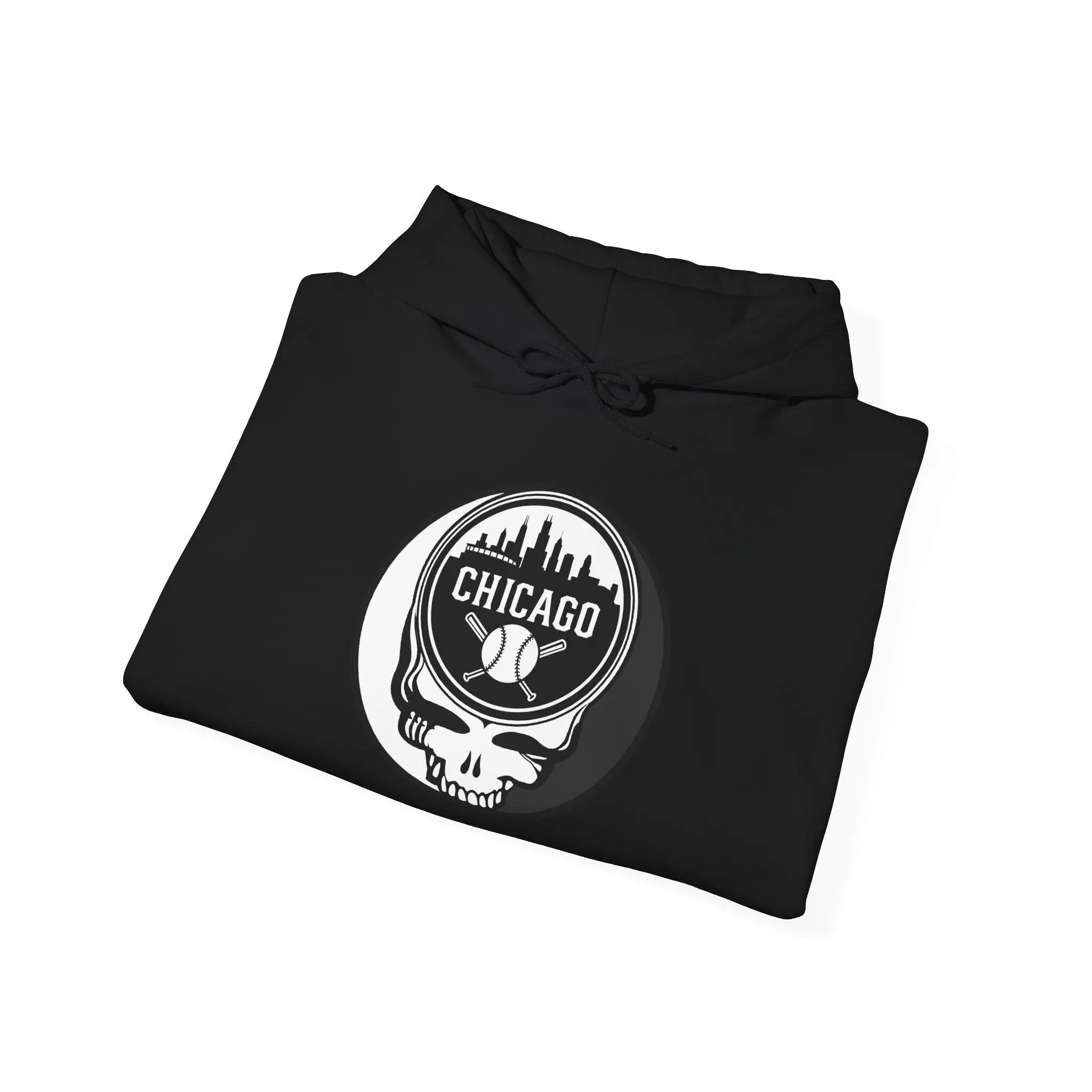 Black hoodie folded top with hood and Chicago Stealie circular graphic