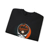 Baltimore Orioles crewneck sweatshirt in black, folded view, front skull logo graphic