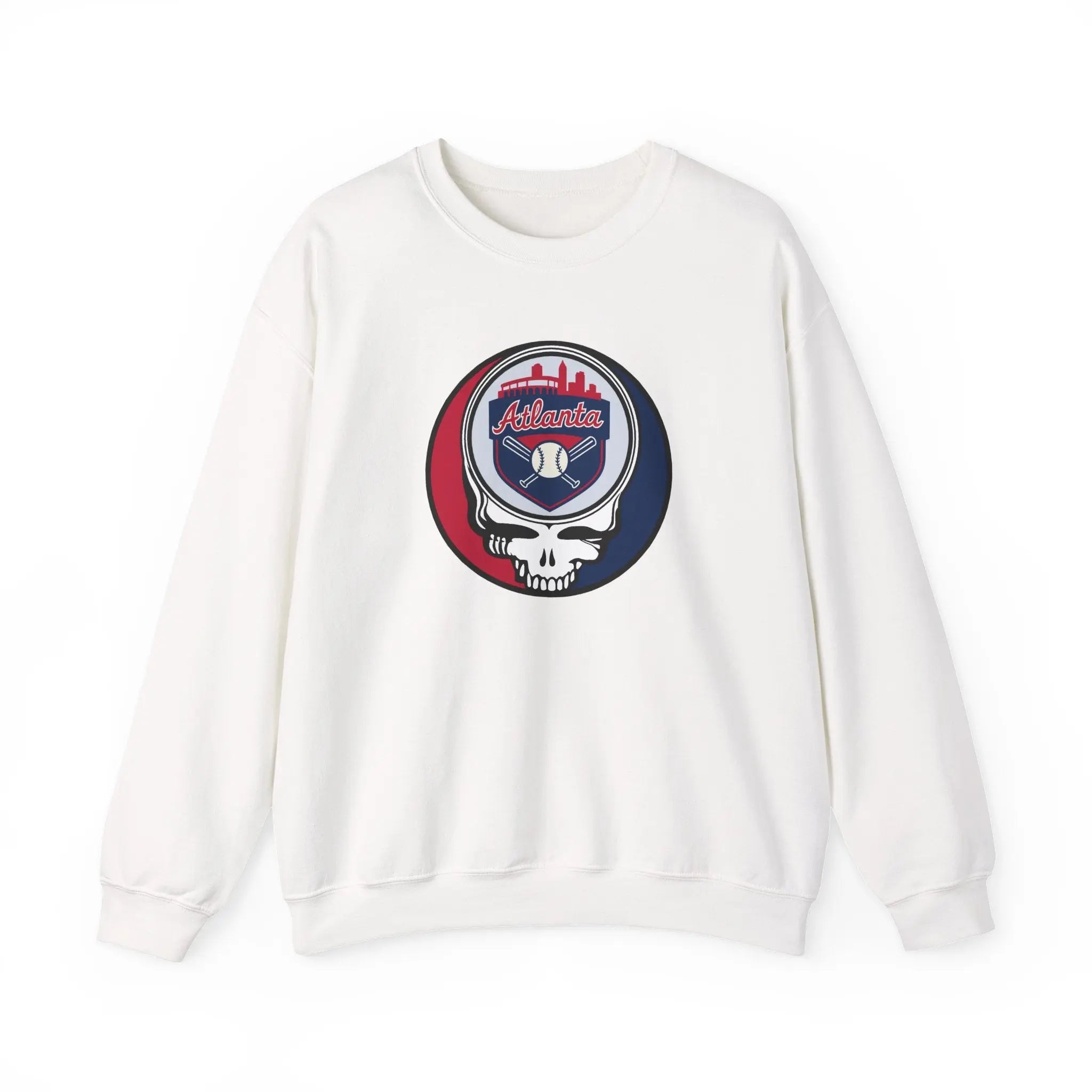 White crewneck sweatshirt with circular Atlanta logo skull graphic