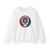 White crewneck sweatshirt with circular Atlanta logo skull graphic
