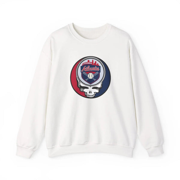 White crewneck sweatshirt with circular Atlanta logo skull graphic