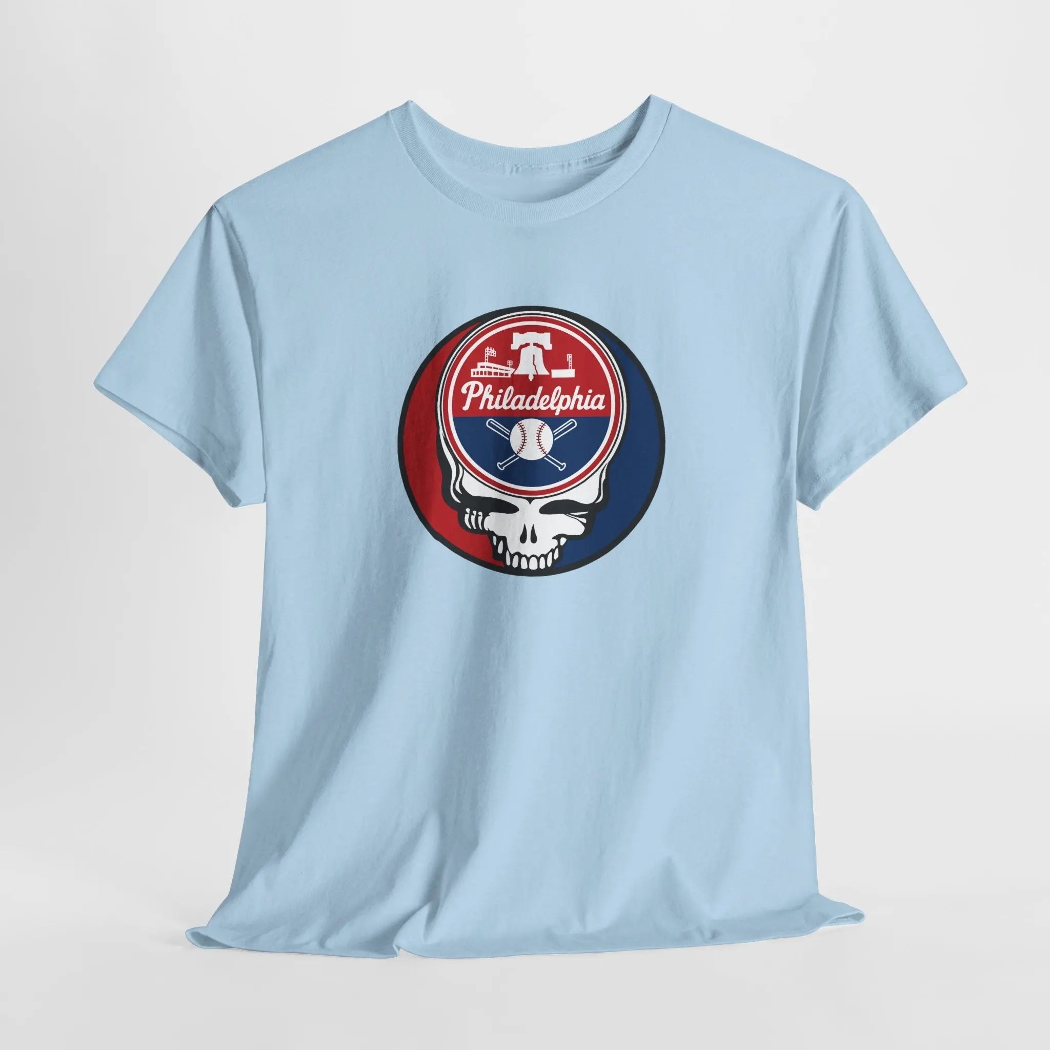Light blue T-shirt with round Philadelphia logo skull graphic on the front