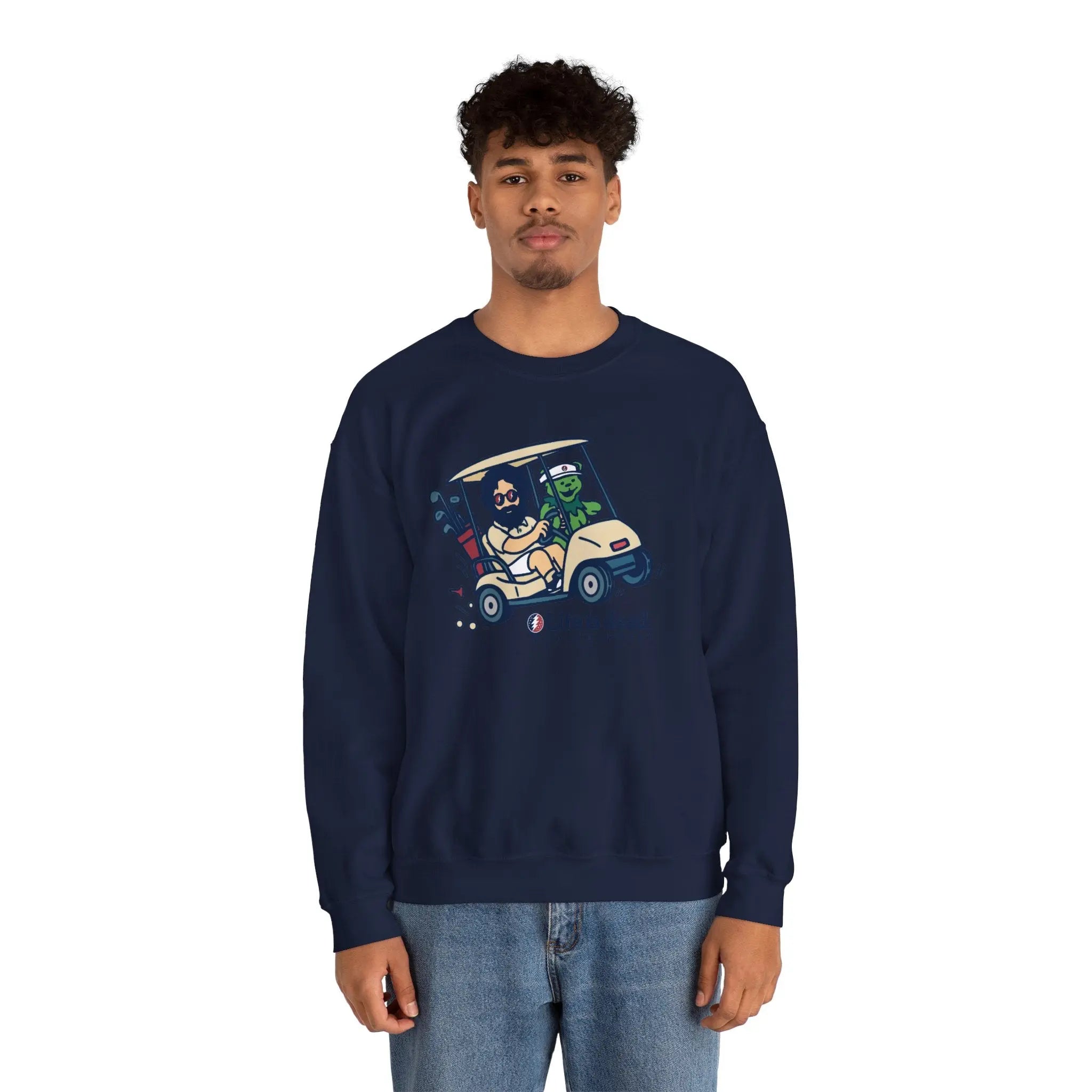 Navy crewneck sweatshirt with colorful cartoon vehicle graphic, long sleeves