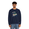 Navy crewneck sweatshirt with colorful cartoon vehicle graphic, long sleeves