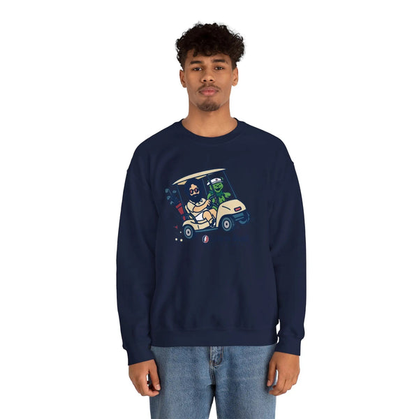 Navy crewneck sweatshirt with colorful cartoon vehicle graphic, long sleeves