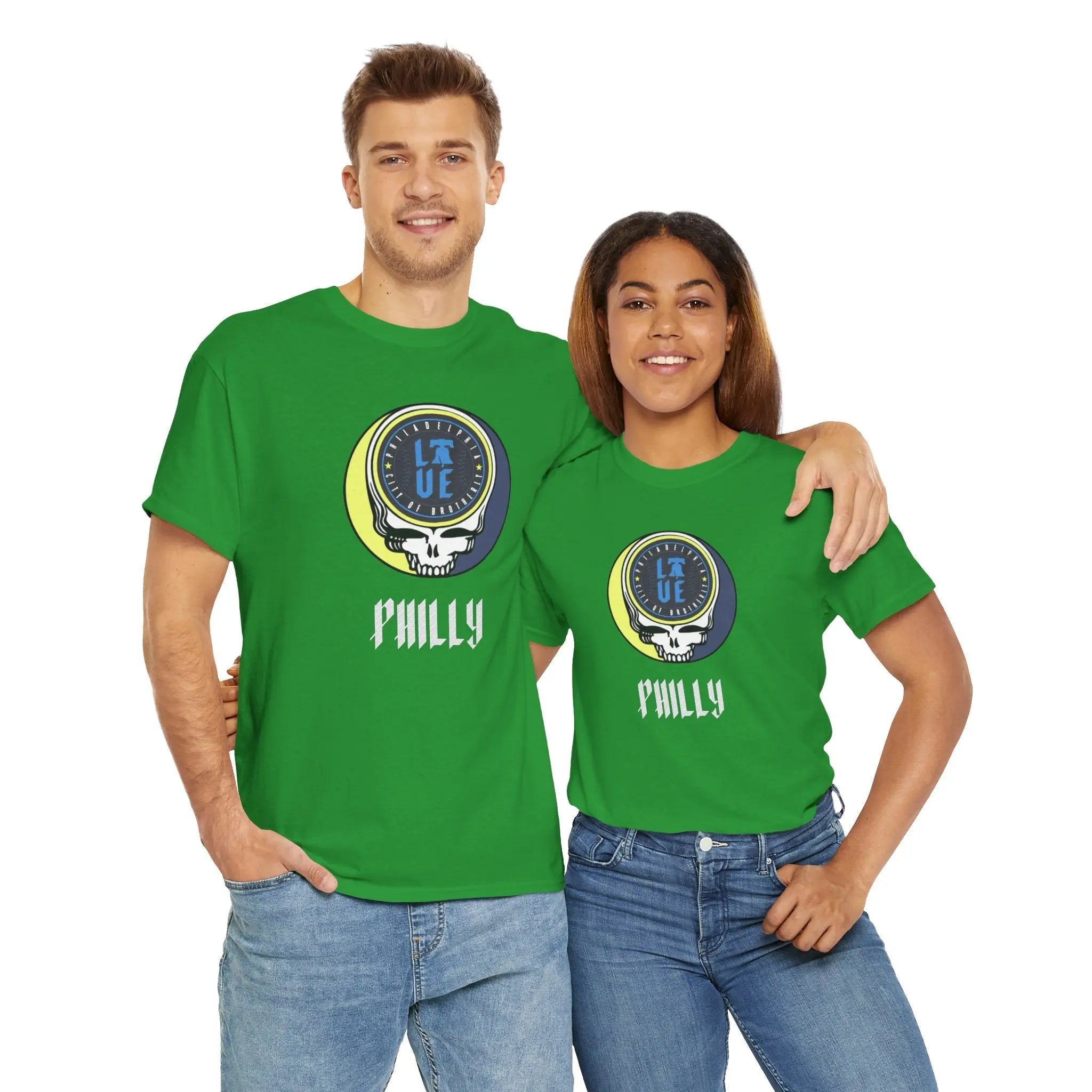 Irish green Stealie logo T-shirt with circular skull graphic and “Philly” text on chest