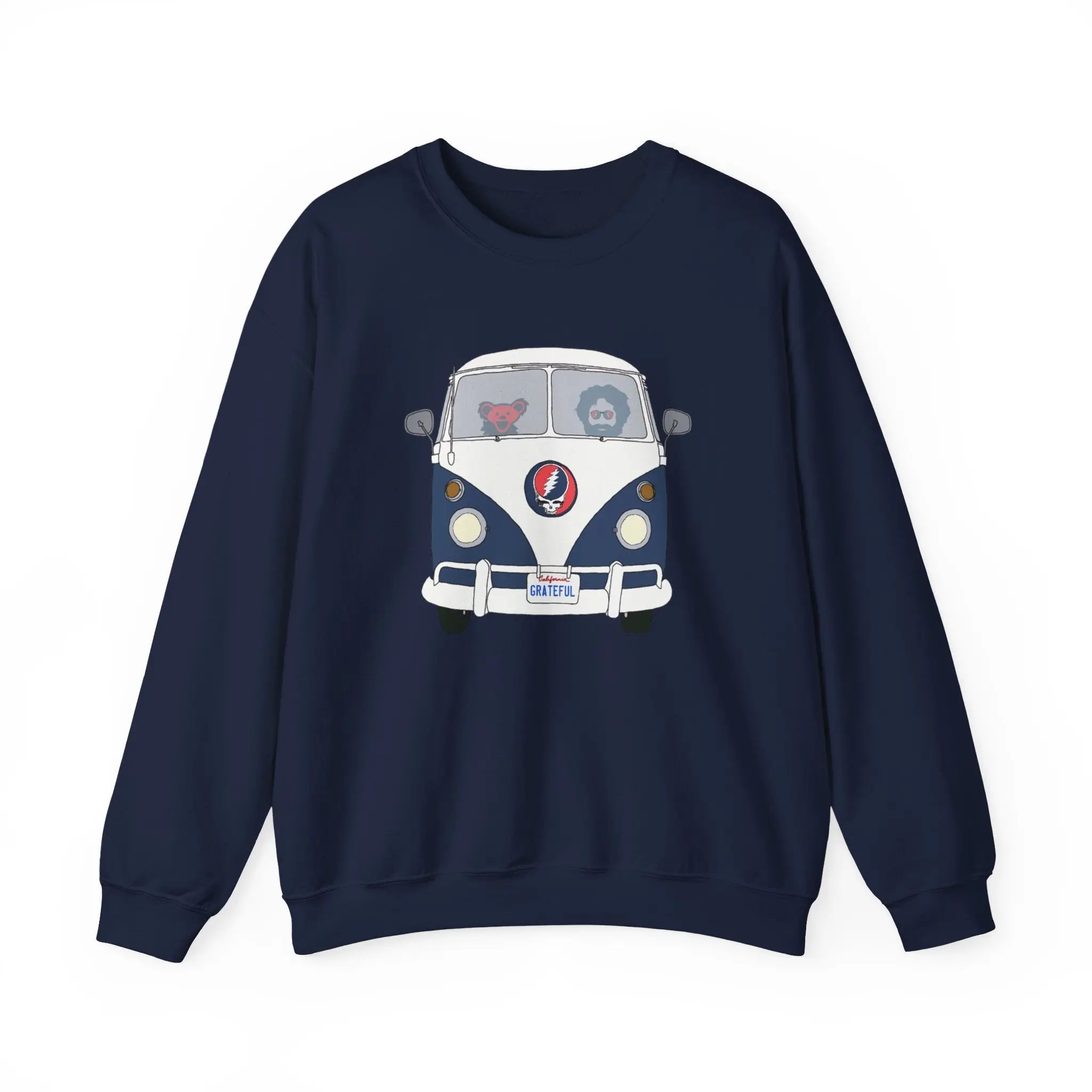Navy crewneck sweatshirt with front bus graphic print