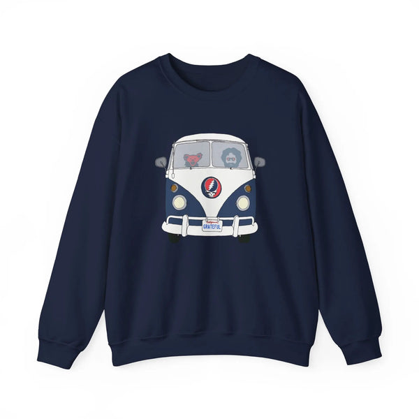 Navy crewneck sweatshirt with front bus graphic print