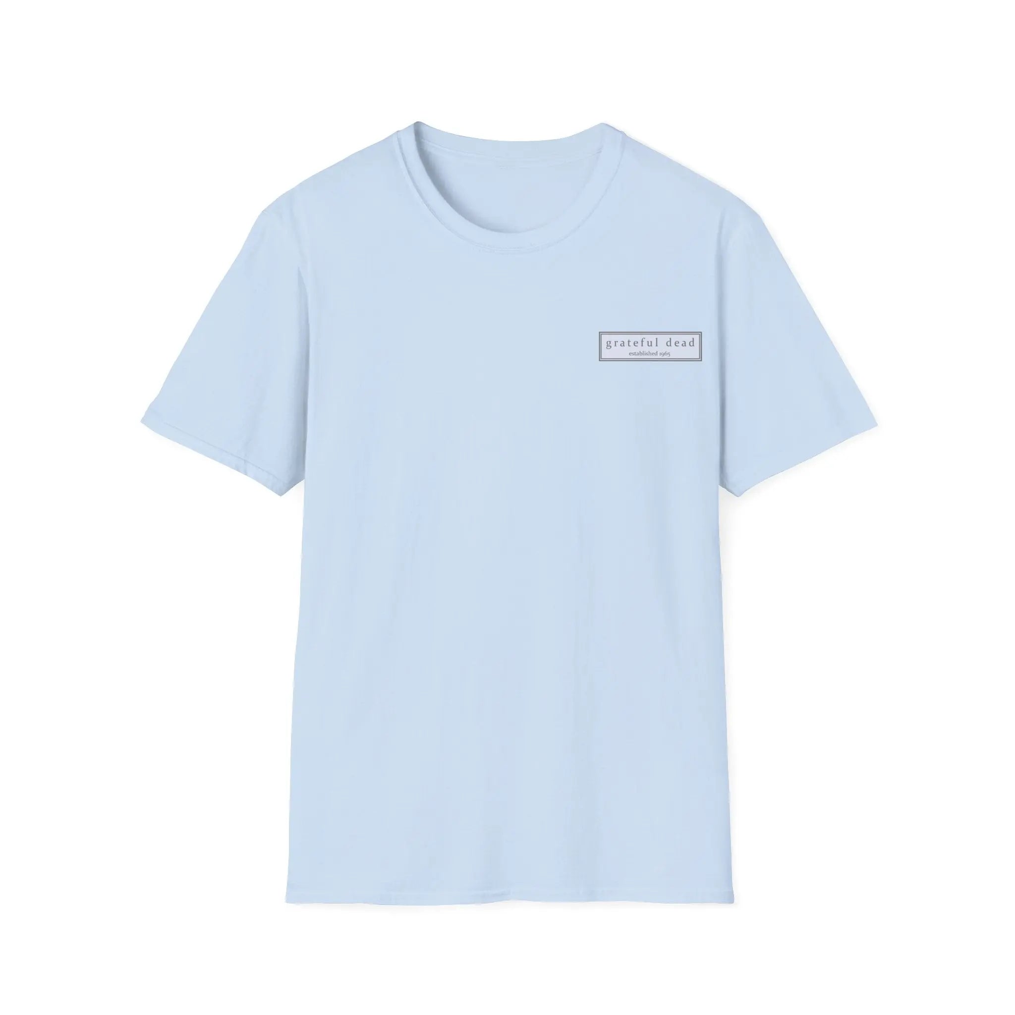 Light blue two-sided graphic t-shirt with small rectangular chest logo