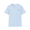 Light blue two-sided graphic t-shirt with small rectangular chest logo