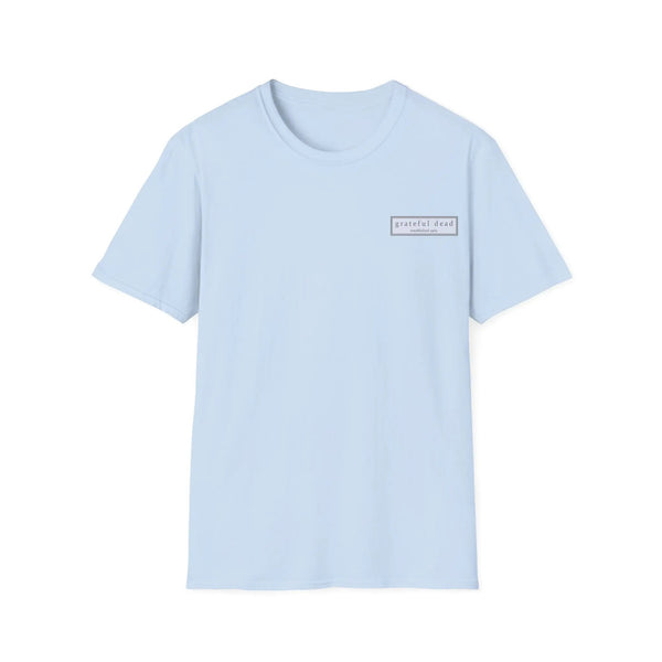 Light blue two-sided graphic t-shirt with small rectangular chest logo