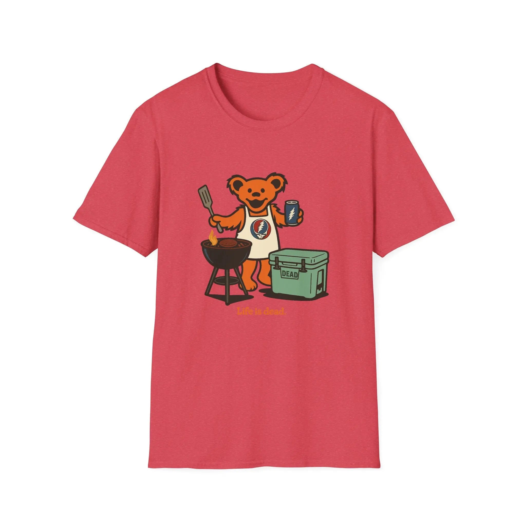 Red T-shirt with cartoon bear grilling graphic and small text at bottom