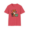 Red T-shirt with cartoon bear grilling graphic and small text at bottom