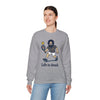 Heather gray crewneck sweatshirt on model with cartoon graphic and "Life is dead"
