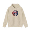 Beige hoodie with hood and front pocket, featuring a circular sports team logo on chest