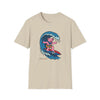 Sand beige T-shirt with pink bear surfing wave graphic and “Life is dead” text