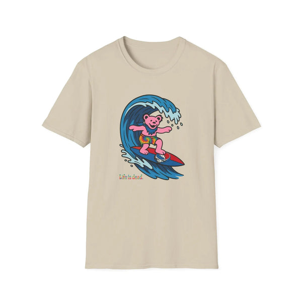 Sand beige T-shirt with pink bear surfing wave graphic and “Life is dead” text