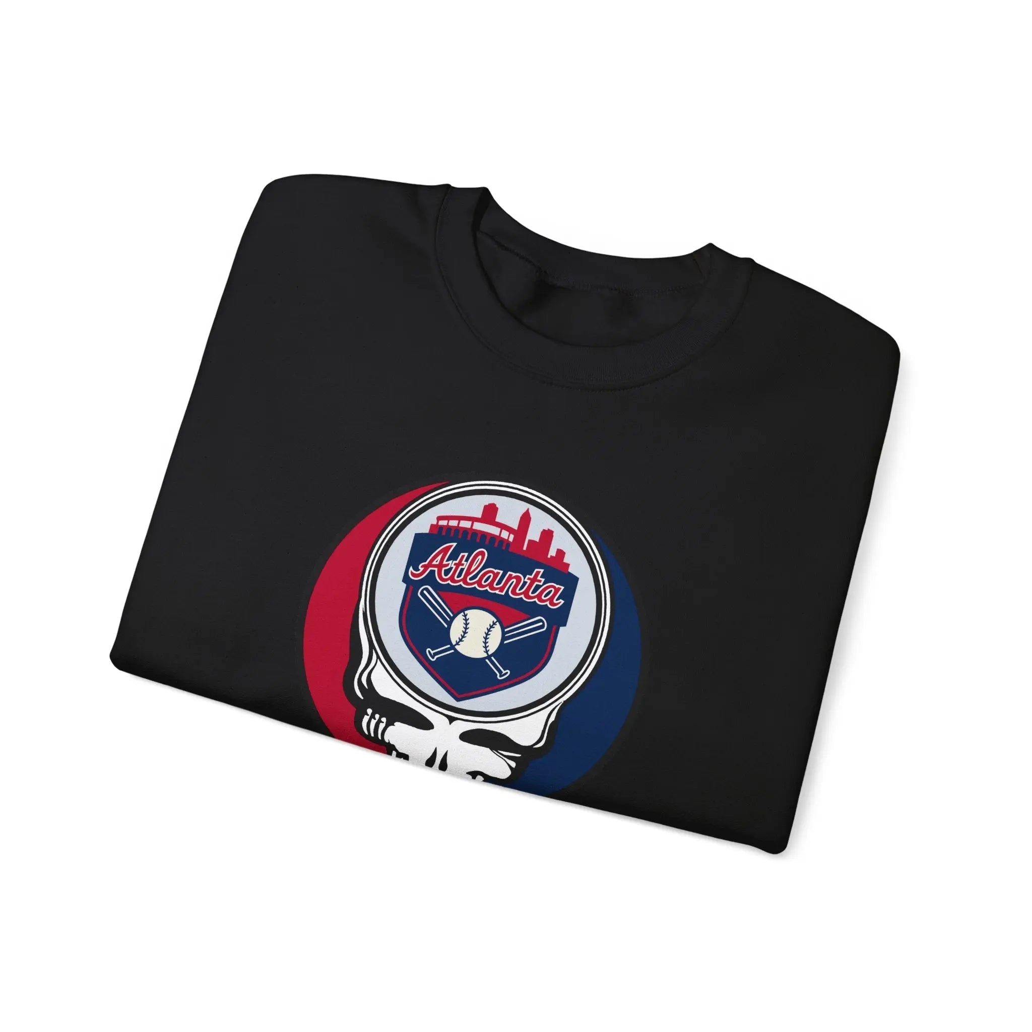 Black crewneck sweatshirt, angled view, with circular Atlanta logo skull graphic