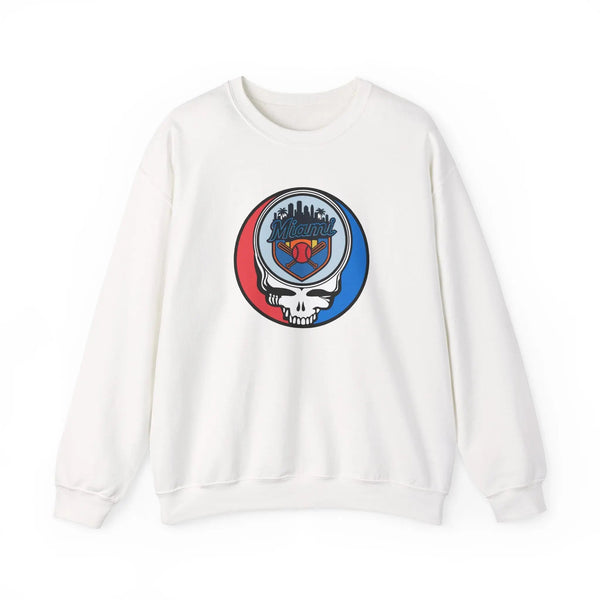 White crewneck sweatshirt with Miami Marlins skull logo graphic on chest