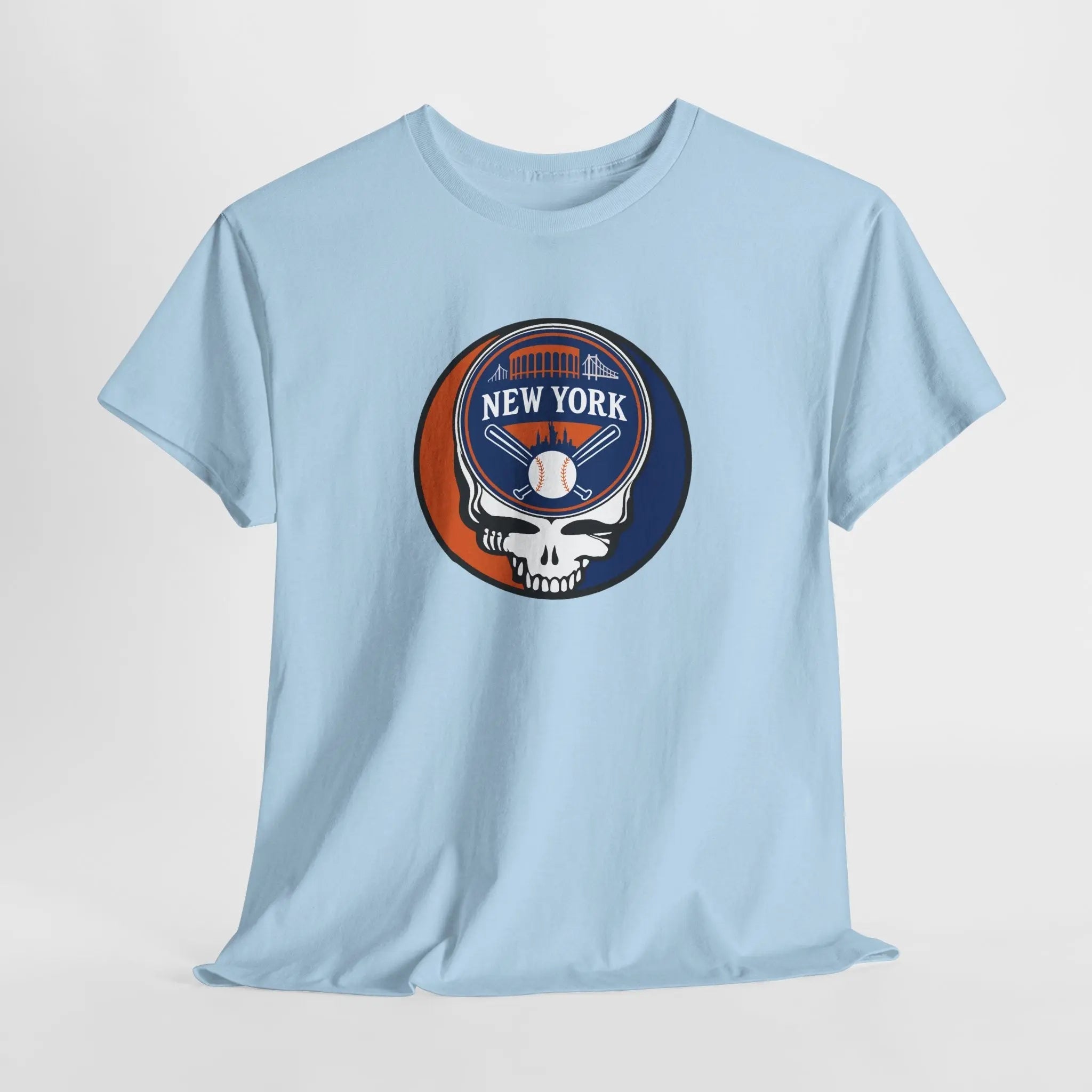 Light blue crewneck T-shirt with New York Mets skull logo graphic