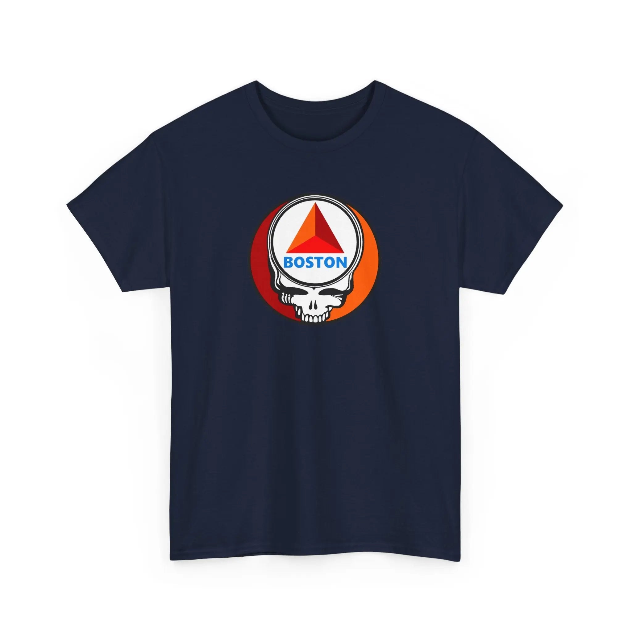 Navy T-shirt with circular Boston skull graphic at chest