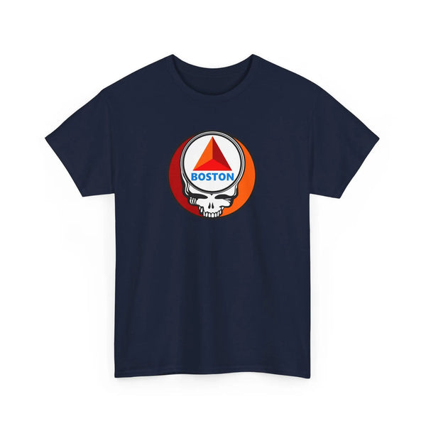 Navy T-shirt with circular Boston skull graphic at chest