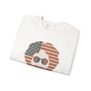 White crewneck sweatshirt, flat lay, with bear stars-and-stripes sunglasses graphic