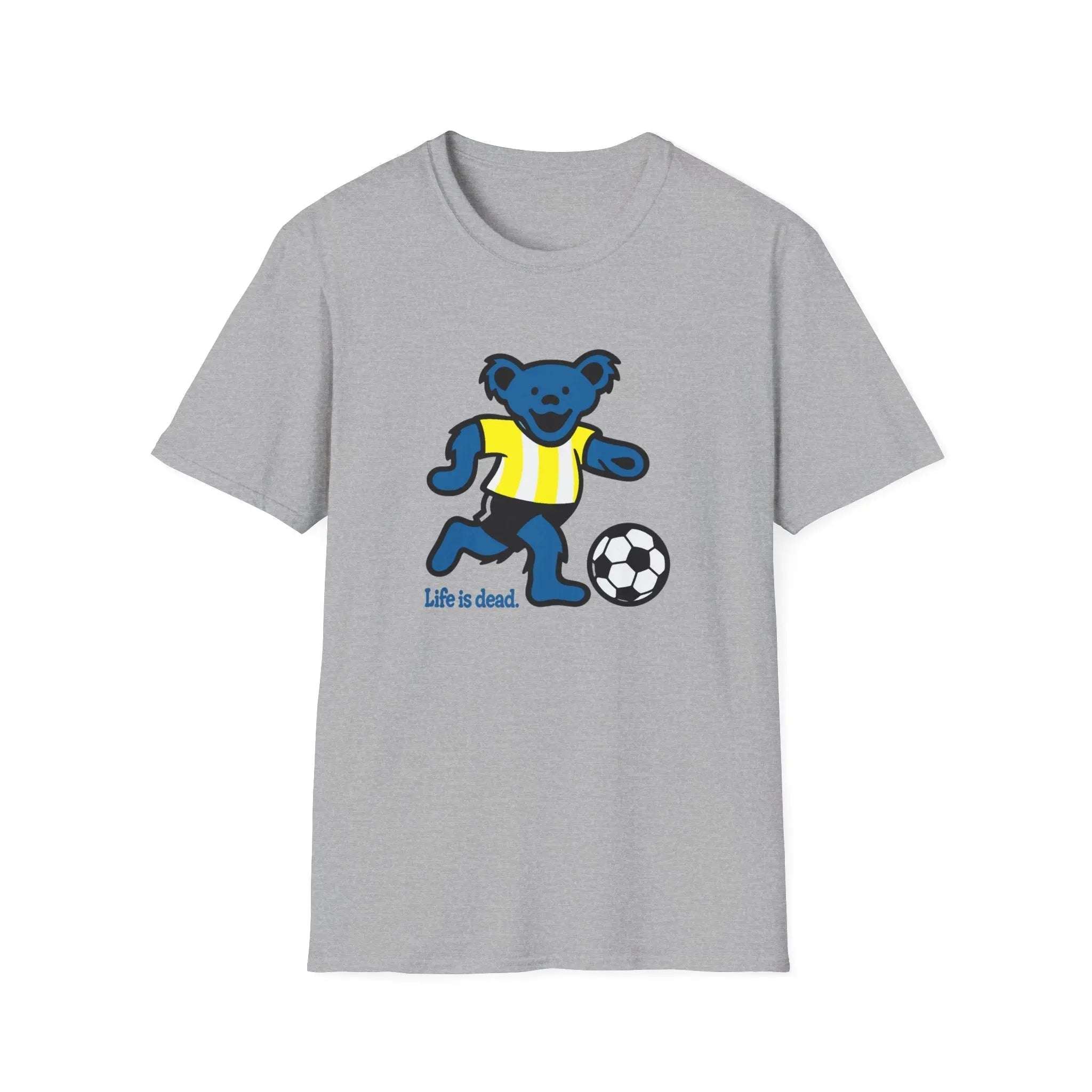 Light gray T-shirt with blue bear soccer graphic and “Life is dead.” print