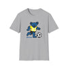 Light gray T-shirt with blue bear soccer graphic and “Life is dead.” print
