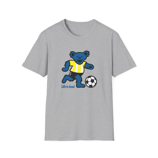 Light gray T-shirt with blue bear soccer graphic and “Life is dead.” print