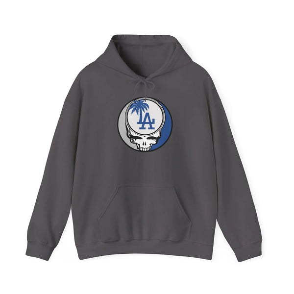 Los Angeles Dodgers dark gray hoodie, front LA Stealie logo, pullover hood and pocket